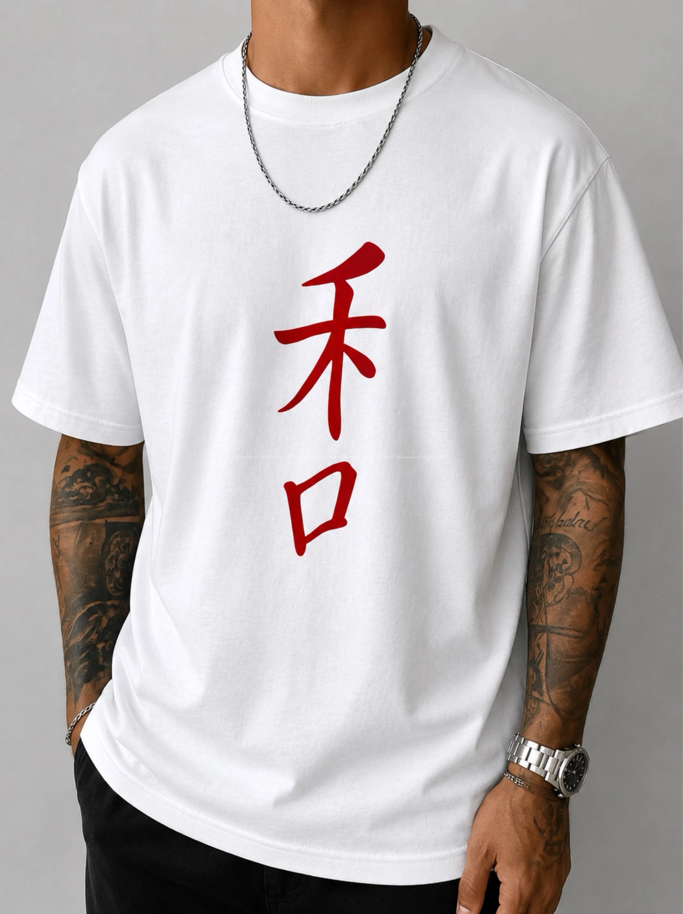 Men’s White Cotton T-Shirt with  Japanese Graphic 2