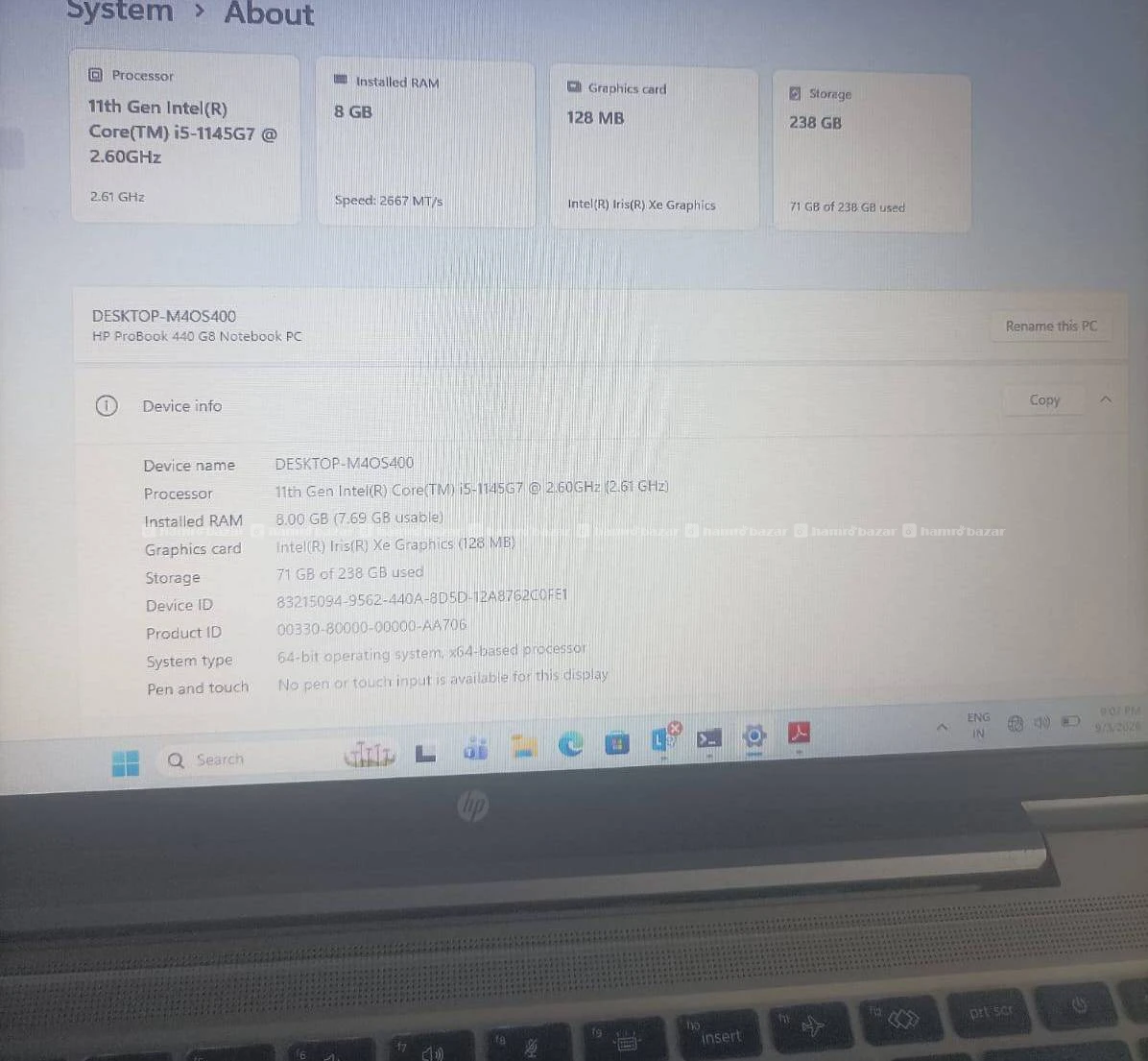 Hp Probook core i5 11gen 8gb 256gb ssd 6