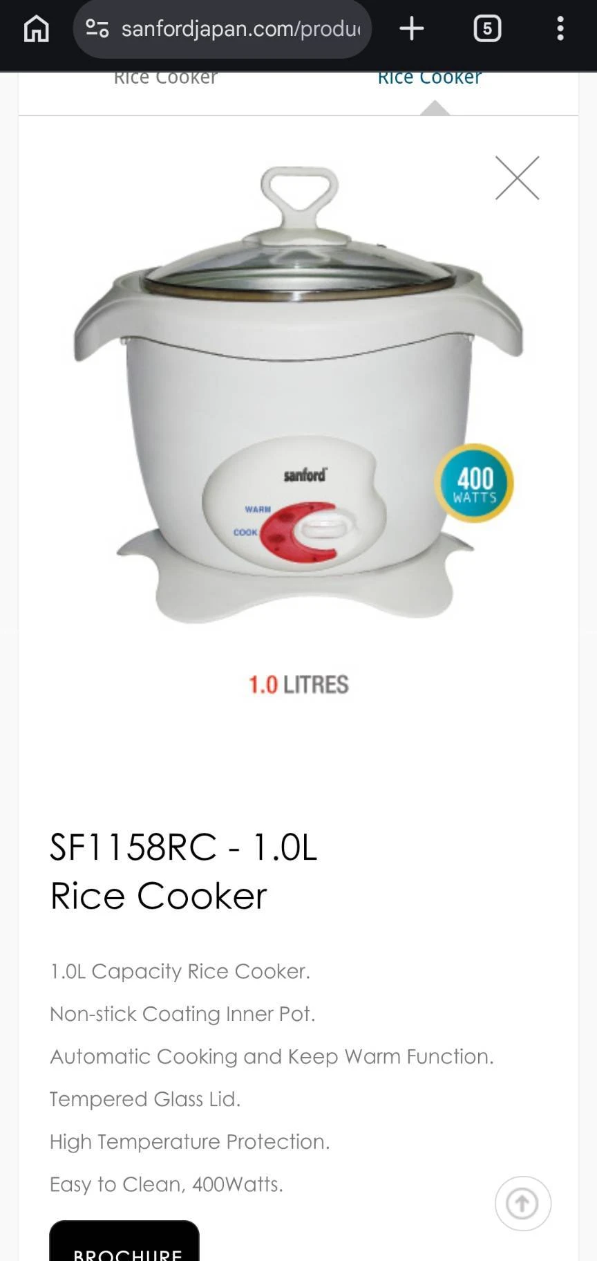 Sanford SF1158RC 1L Rice Cooker – 400W 2