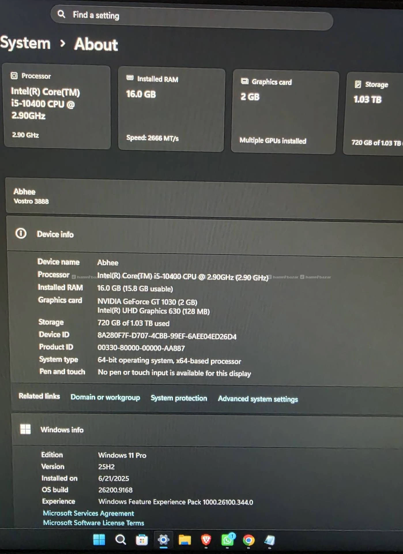 Dell Vostro 3888 i5 10th Gen 16GB RAM GT 1030 2GB 2