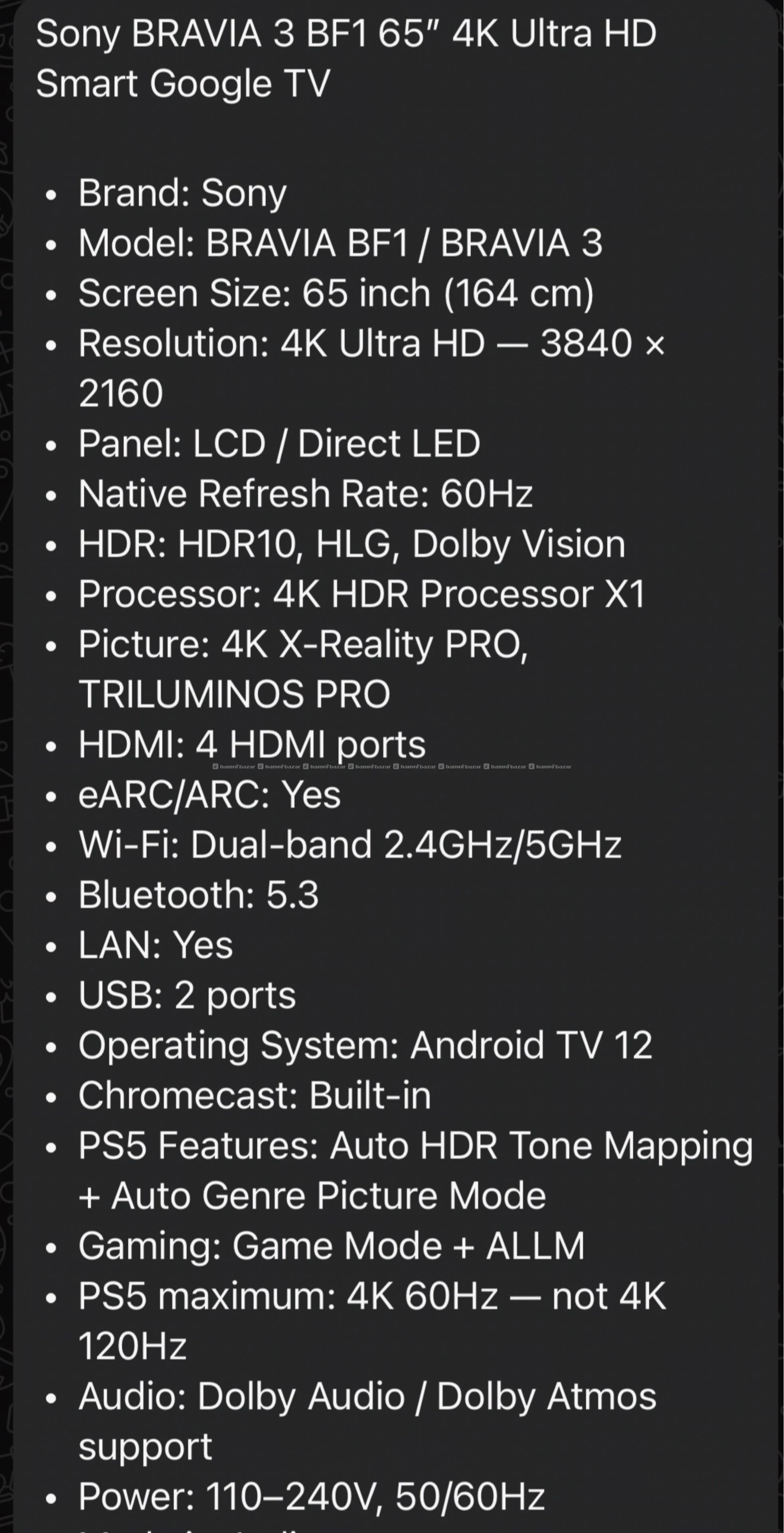 Sony Bravia 3,65 inch 4k 120hz 2025 bought 4
